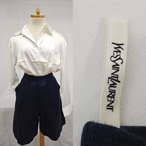 Yves Saint Laurent High Waisted Flared Leg Cotton Knit Shorts In Navy Blue Sz 4